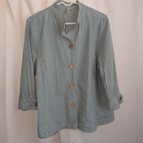 Focus Linen Blend  Women's 3/4 Sleeve Button Up Top Large Light Blue Crinkle GUC - Picture 1 of 6